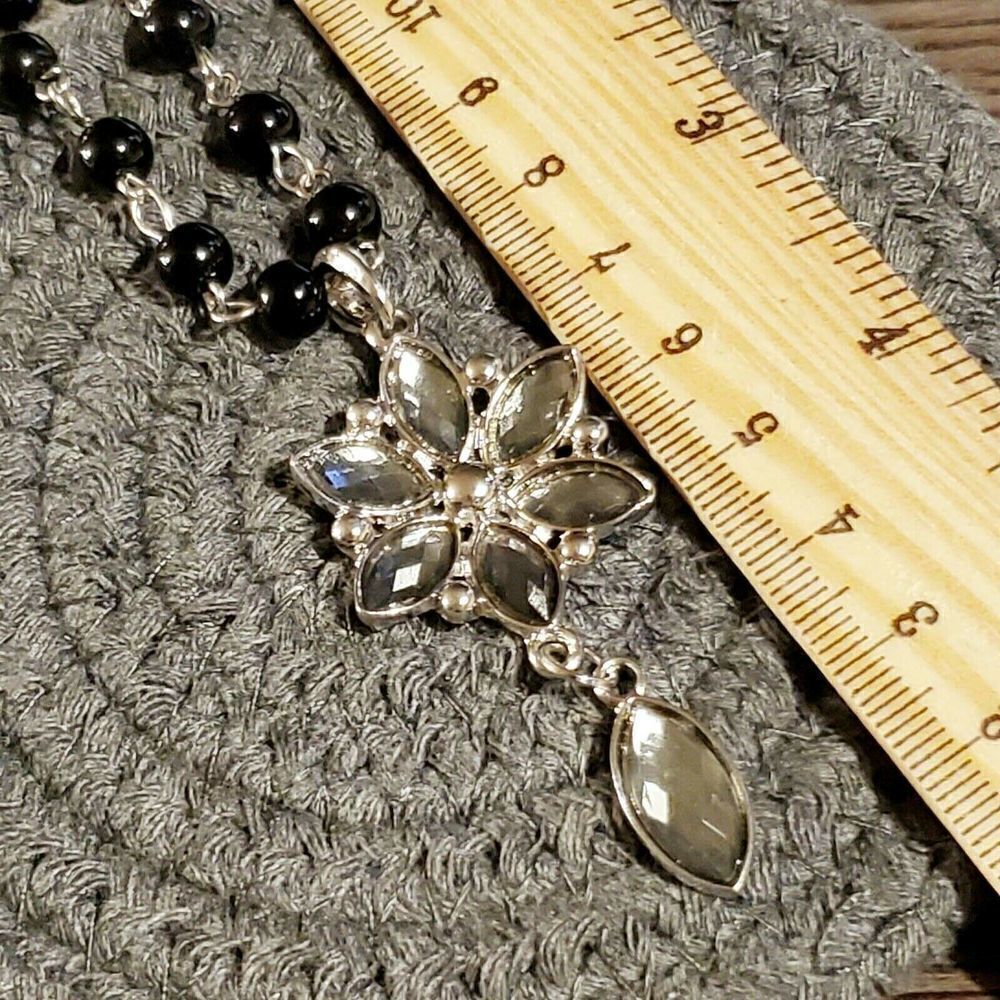 Victorian Style Black Silver and Smoke Navette Flower Pendant Necklace - Picture 5 of 5